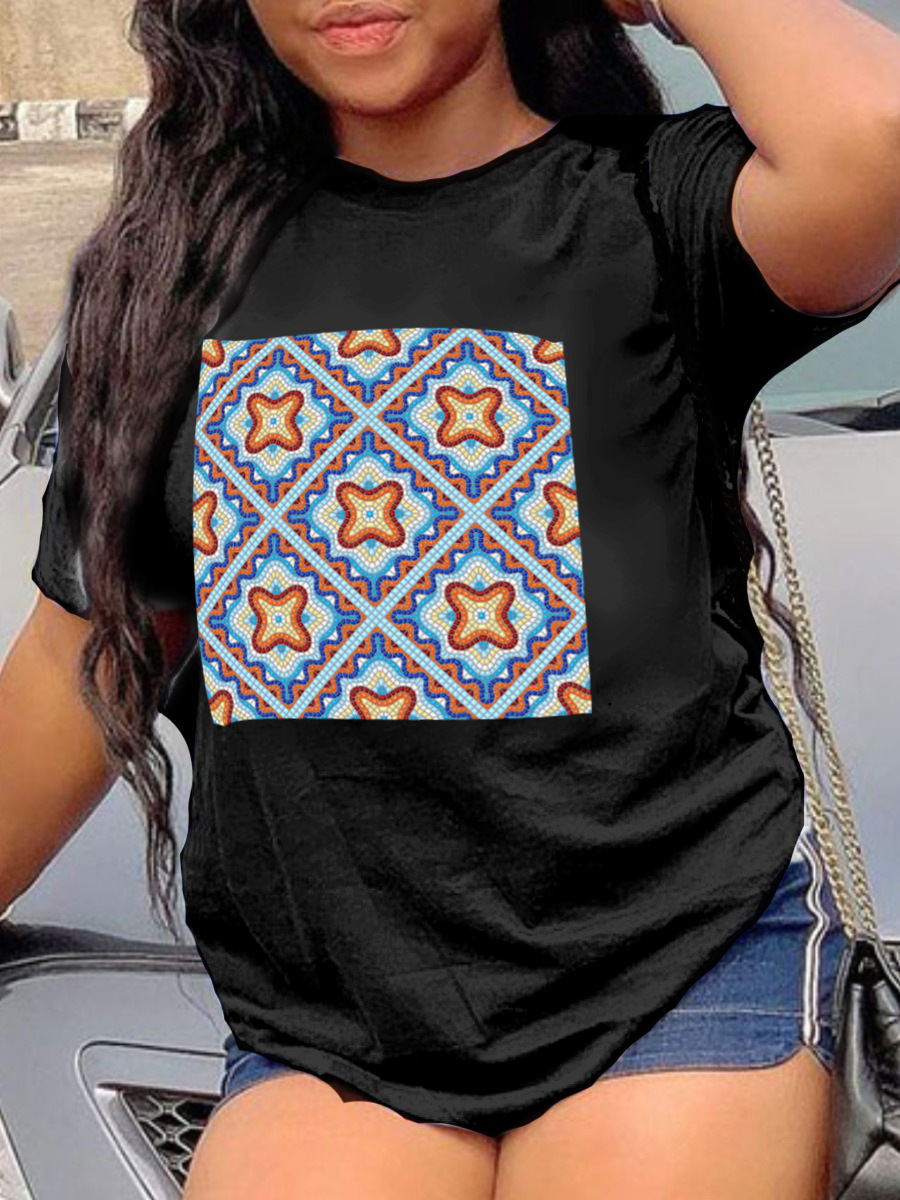 

LW Round Neck Mixed Print T-shirt, Black