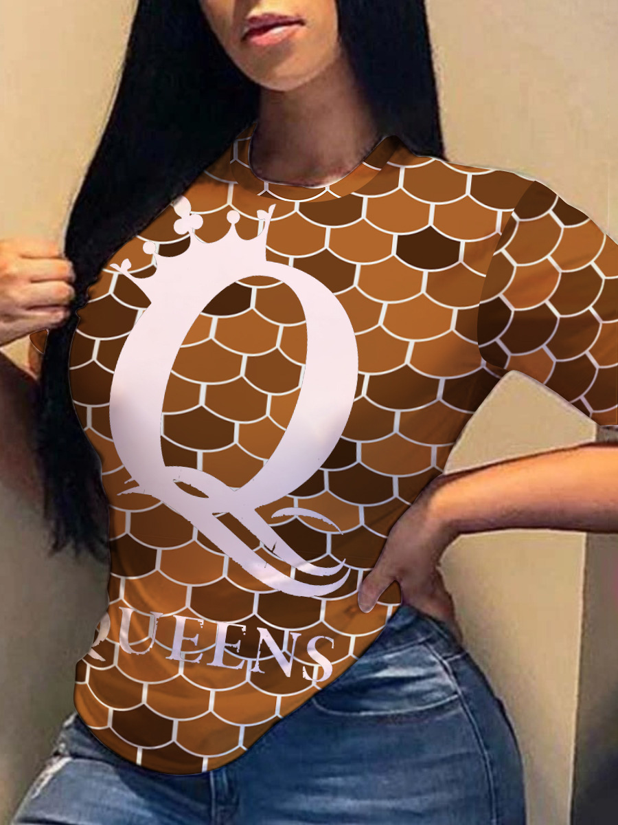 

LW Plus Size Geometric Letter Print T-shirt, Brown