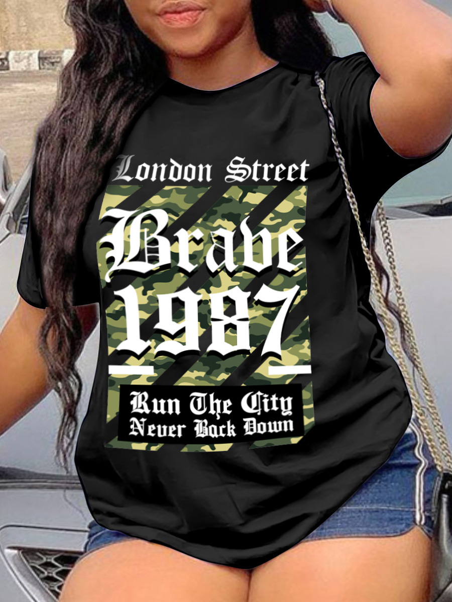 

LW Plus Size Camo Letter Print T-shirt, Black
