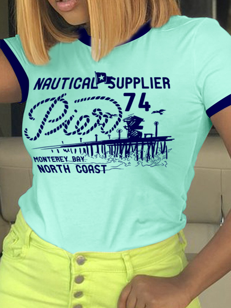 

LW Plus Size Round Neck Letter Print T-shirt, Baby blue
