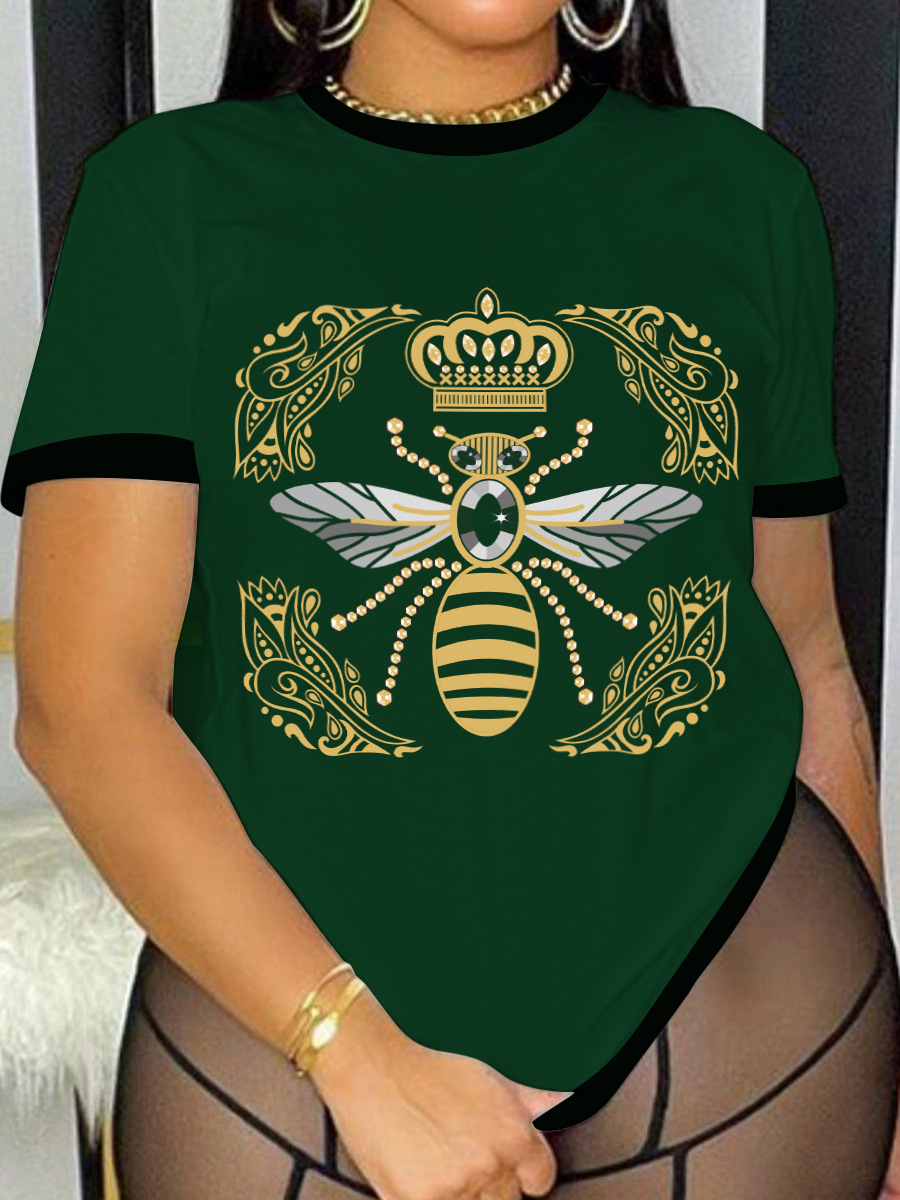 

LW Plus Size Round Neck Bee Print T-shirt, Black green