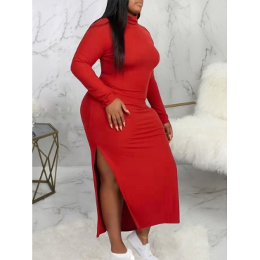 

LW Plus Size Gathered Roll Neck Side Slit Bodycon Dress, Red