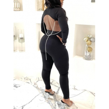 

LW SXY Backless Metal Chains Solid Pants Set, Black