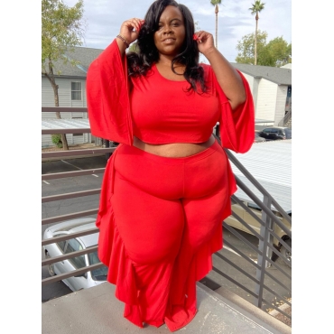 

LW Plus Size Wide Sleeve Flounce Design Pants Set, Red