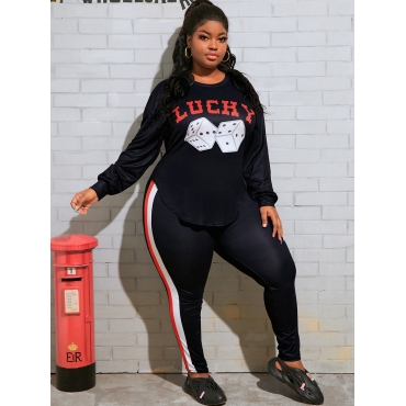 

LW Plus Size Dice Print Asymmetry Pants Set, Black