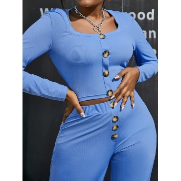 

LW Square Neck Button Design Pants Set, Blue