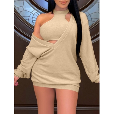 

LW SXY V Neck Loose Sweat Dress, Khaki
