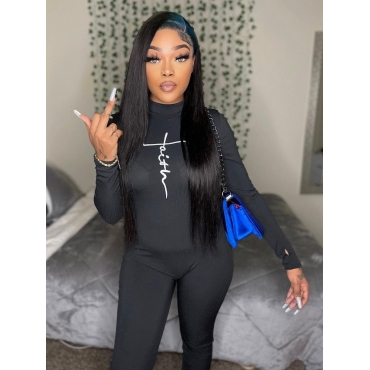 

LW Faith Rib-Knit Letter Print Jumpsuit, Black