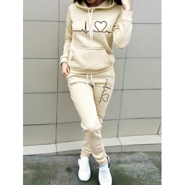 

LW Heart Print Drawstring Tracksuit Set, Khaki