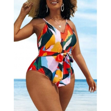 

LW Plus Size Color-lump Bandage Design One-piece Swimsuit, Multi