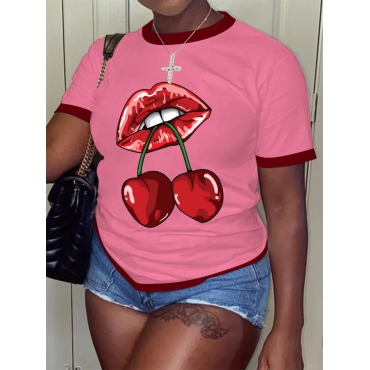 

LW Plus Size Fruit Lip Print T-shirt, Dark pink