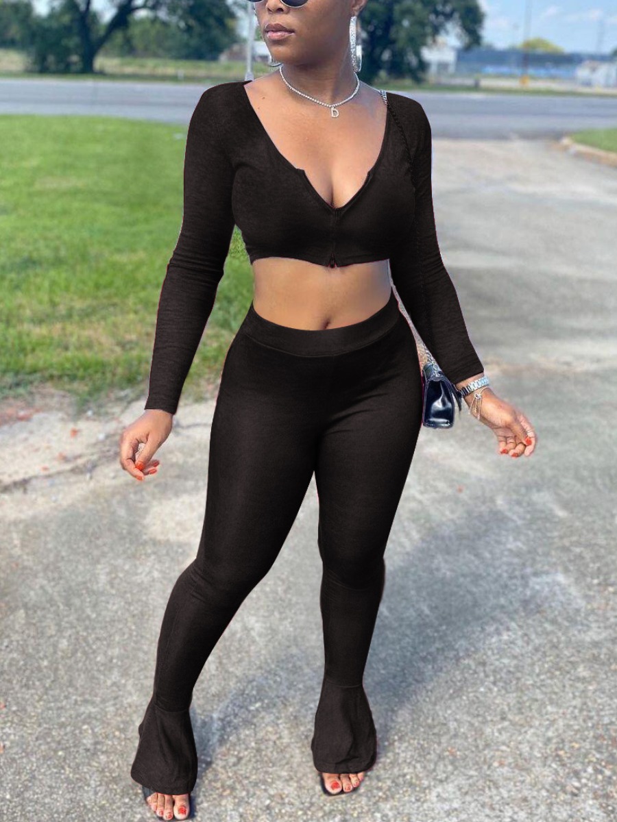 

LW Crop Top Flared Pants Set, Black