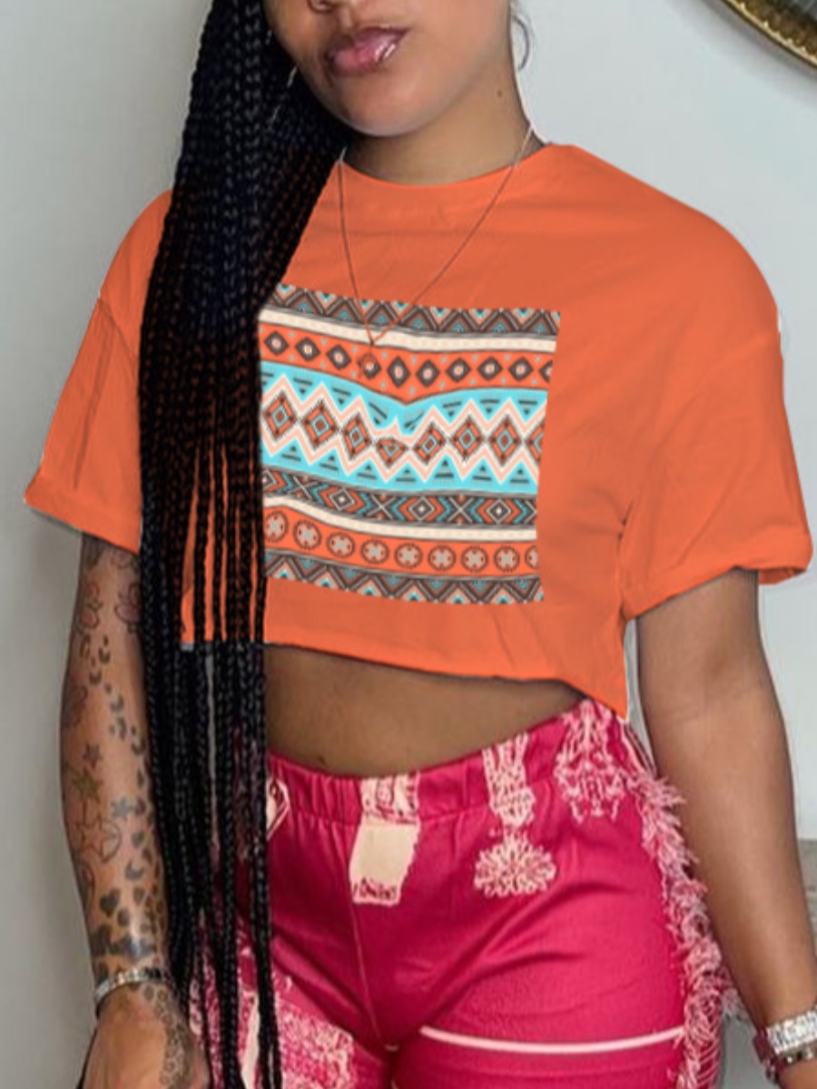 

LW Geometric Print Crop Top T-shirt, Orange