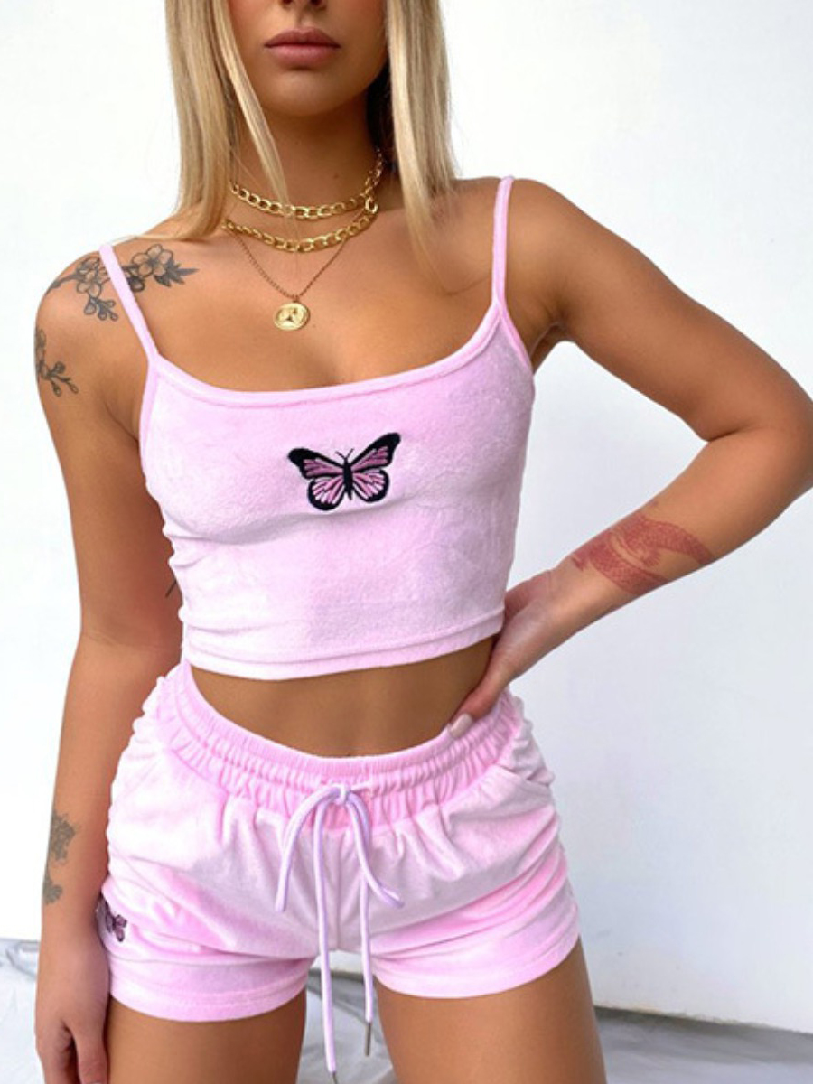 

LW Butterfly Print Drawstring Shorts Set, Pink