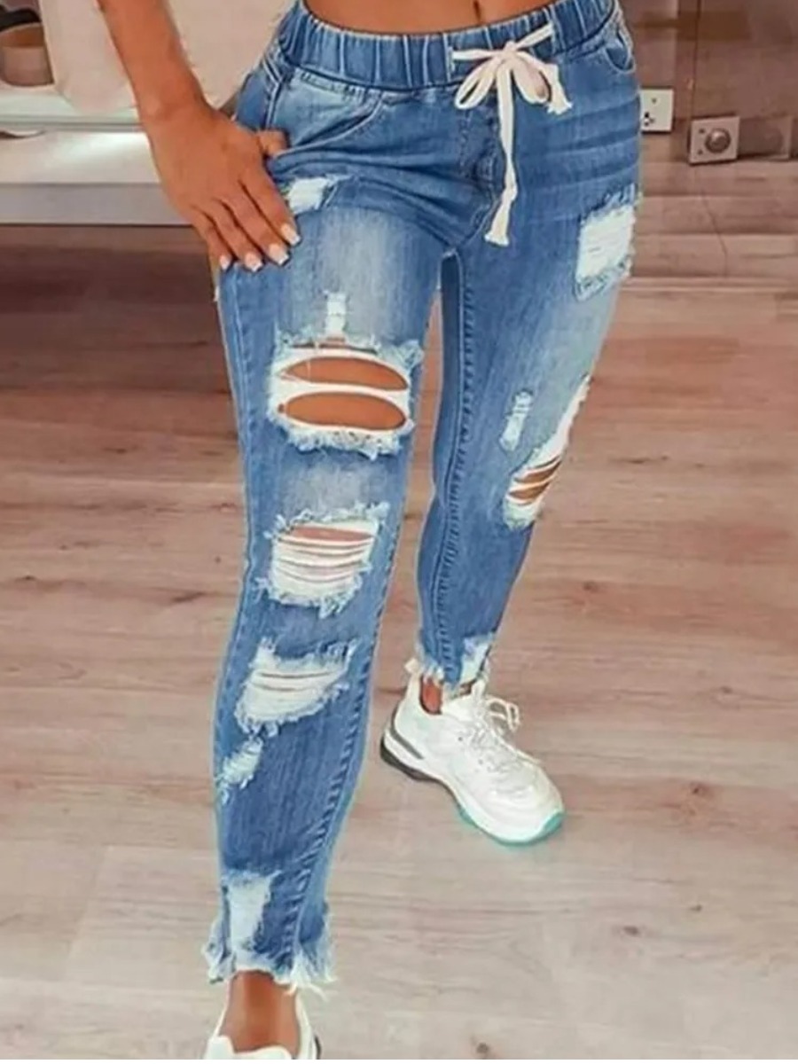 LW High Stretchy Distressed Ripped Raw Edges Hem Jeans