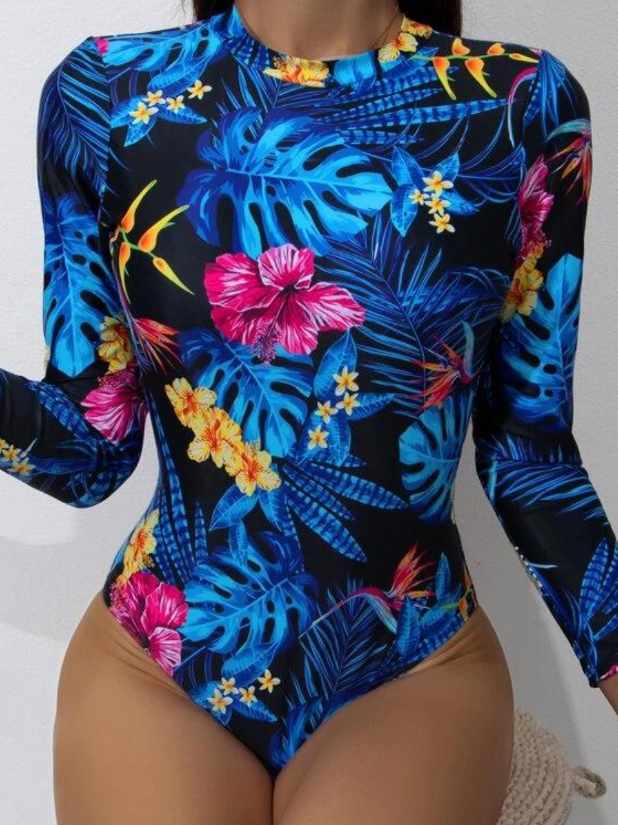 

LW Round Neck Floral Print One-piece Swimsuit, Blue