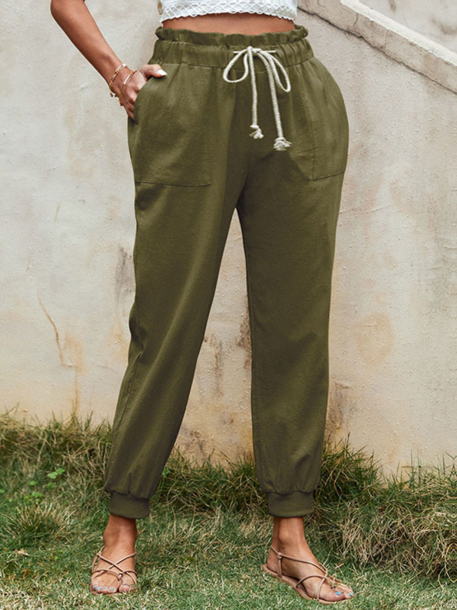 

LW Ruffle Design Drawstring Pants, Army green