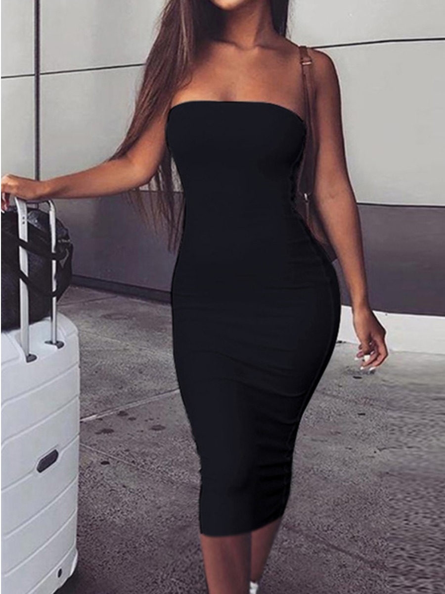 

LW Trendy Dew Shoulder Black Knee Length Dress