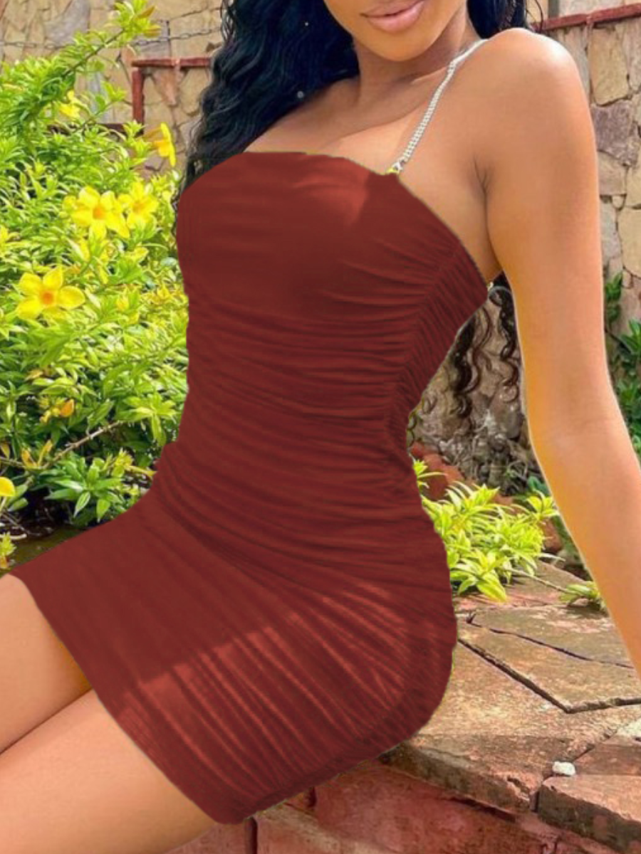 

LW Chain Strap Bodycon Ruched Dress, Wine red