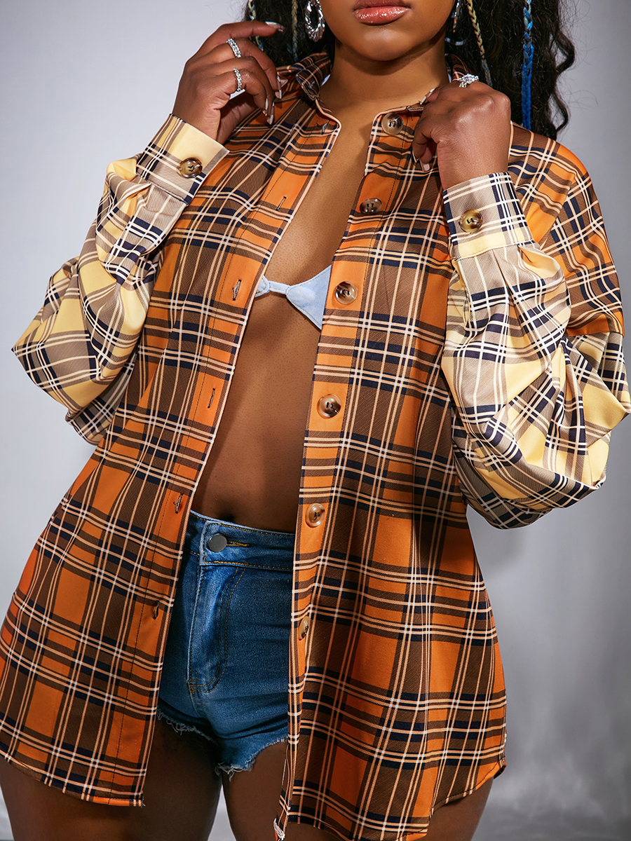 

LW Plaid Print Loose Coat, Light coffee
