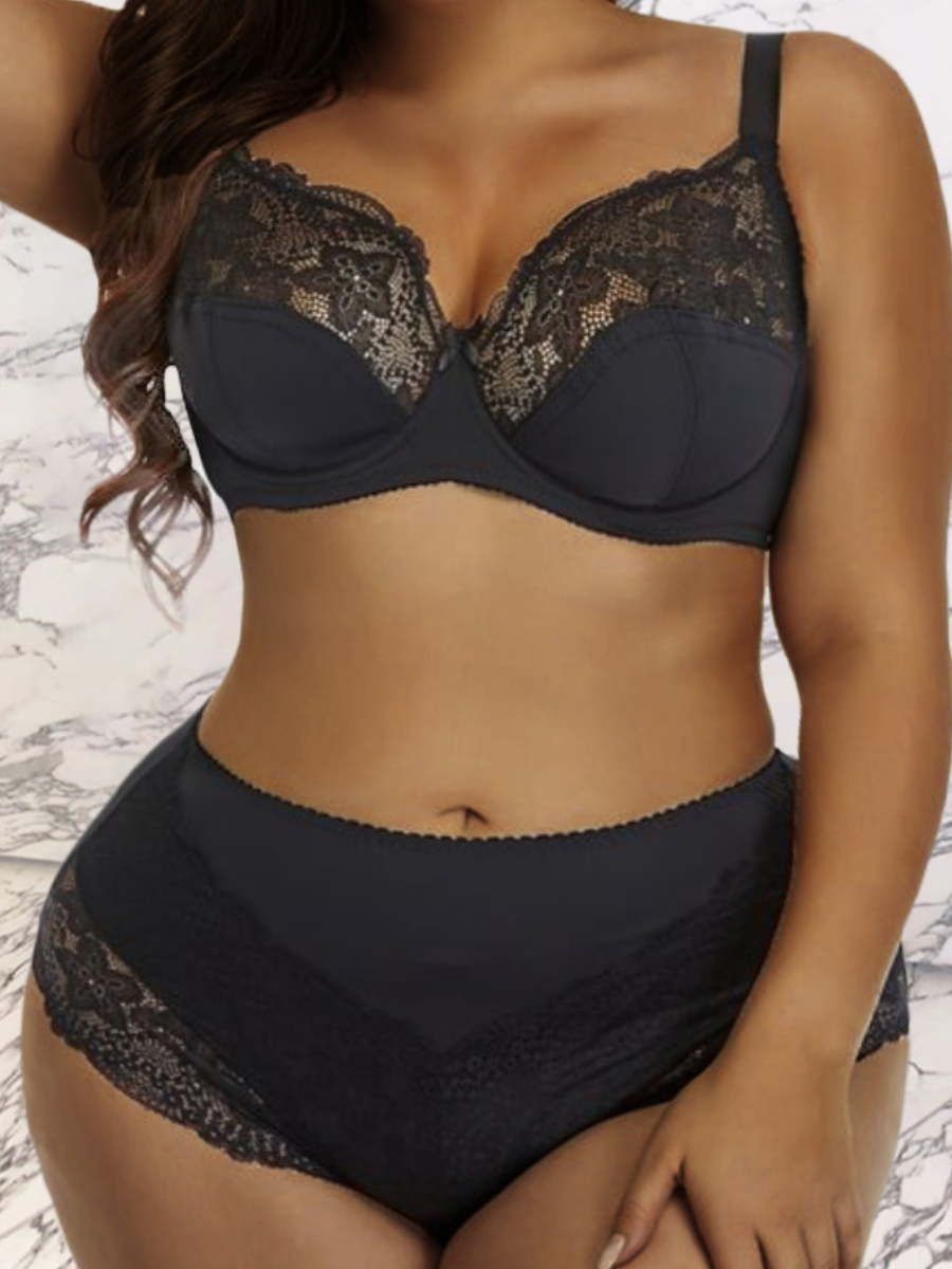 

LW SXY Plus Size Lace Mid Waist Lingerie Set, Black