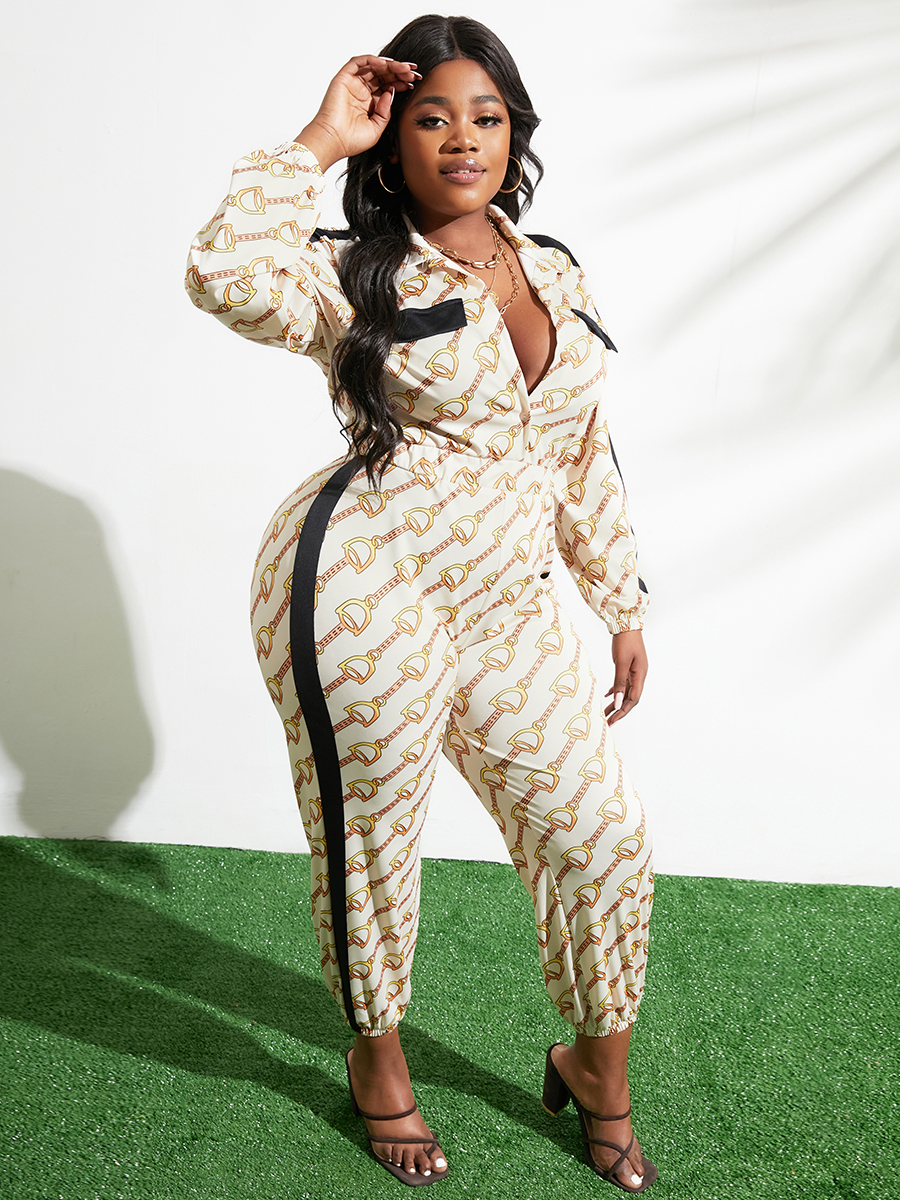 

LW Plus Size Chain Print Striped Jumpsuit, Beige