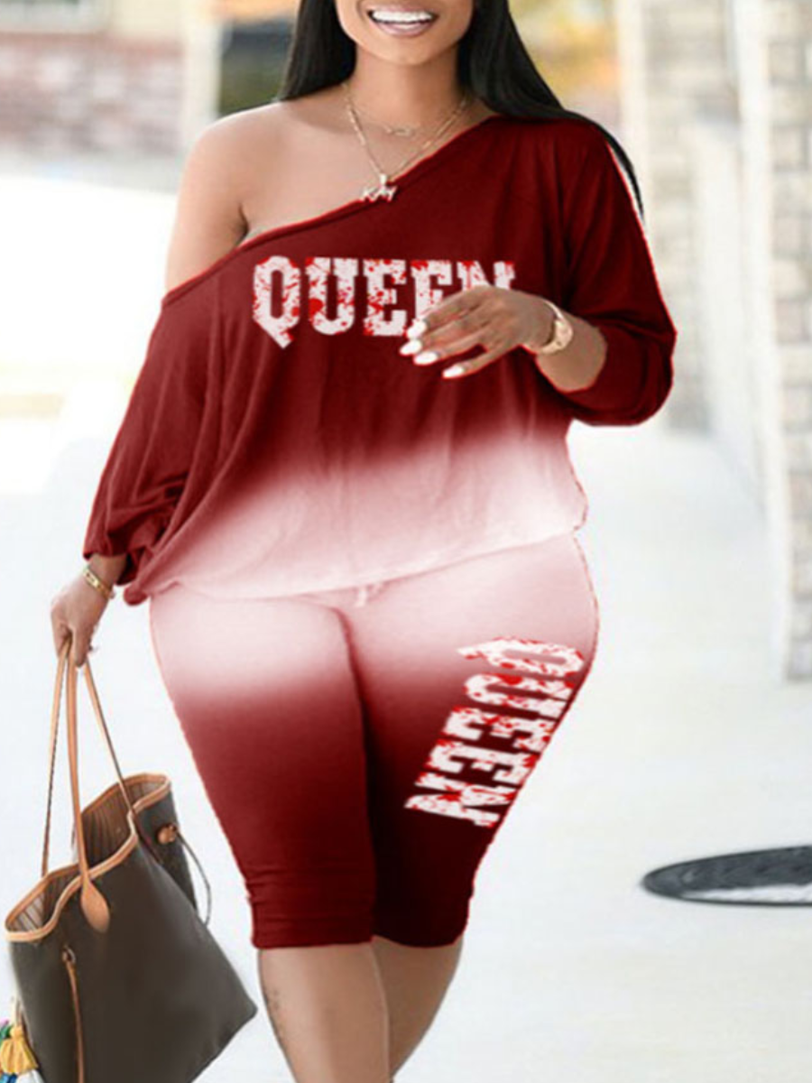 

LW Plus Size One Shoulder Gradient Queen Print Pants Set, Wine red