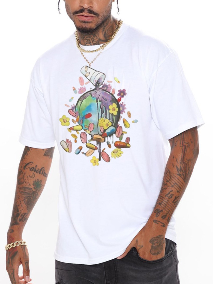 

LW Men Round Neck Graffiti Print T-shirt, White