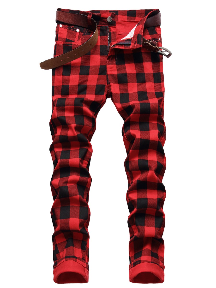 

LW Men Stretchy Plaid Print Jeans (Without Belt), Red