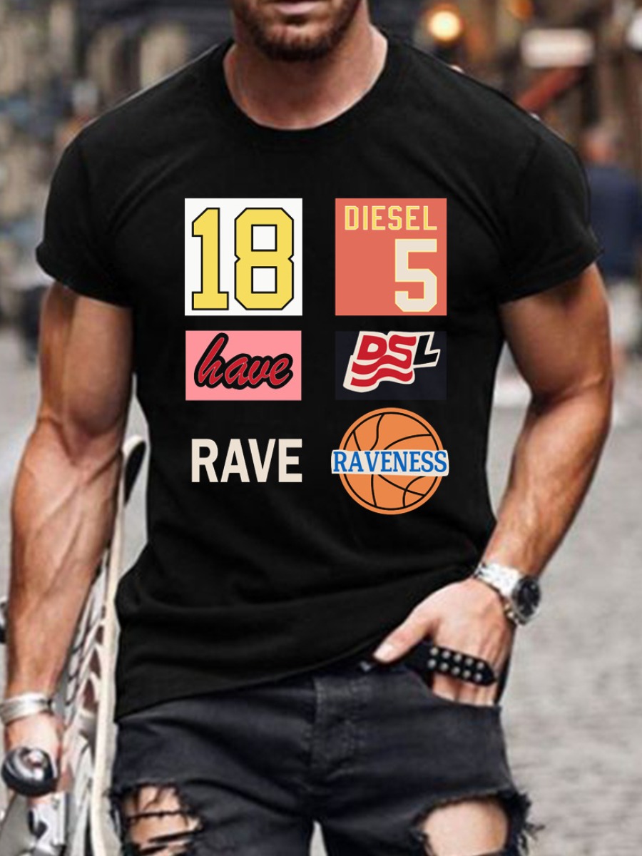 

LW Men Basketball Letter Print T-shirt, Black