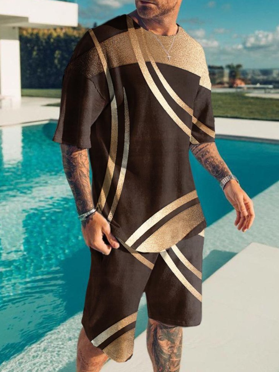 LovelyWholesale Men Striped Patchwork Shorts Set Summer Short Sleeve Casual Basic Round Neck Spring Summer 2024