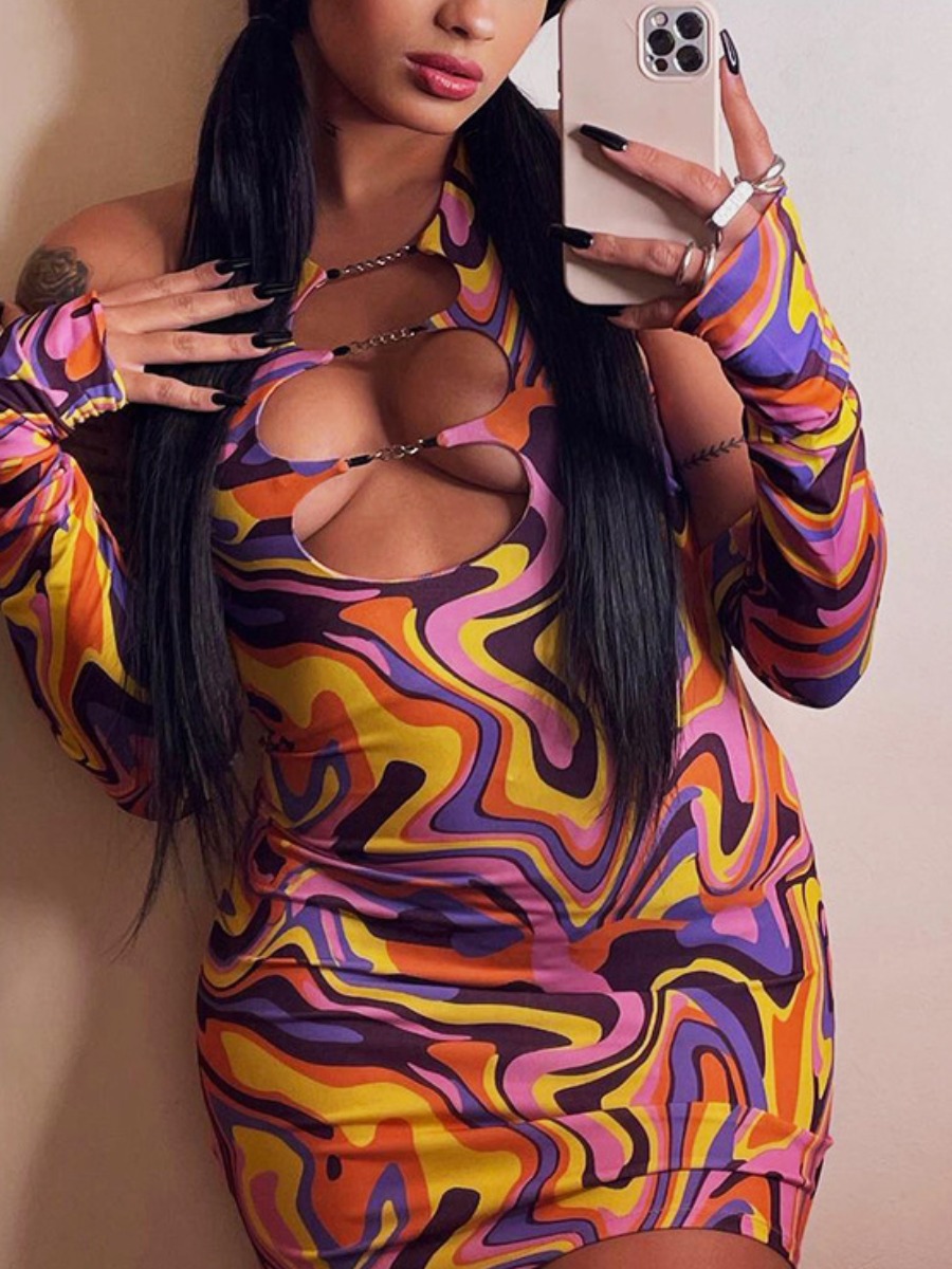 

LW SXY Mixed Print Chain Decor Bodycon Dress (Without Sleeves), Multi