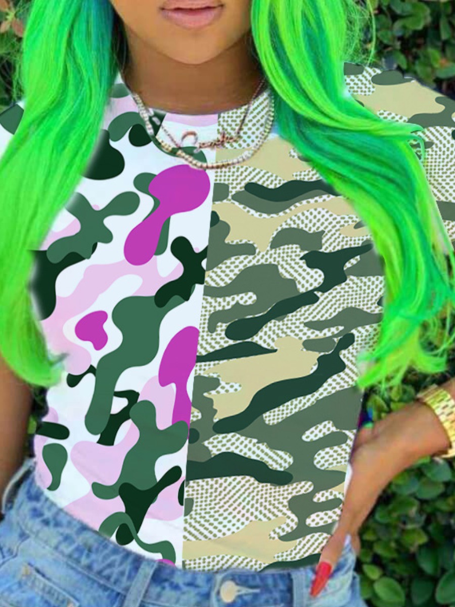 

LW Round Neck Camo Print T-shirt, Purple camouflage