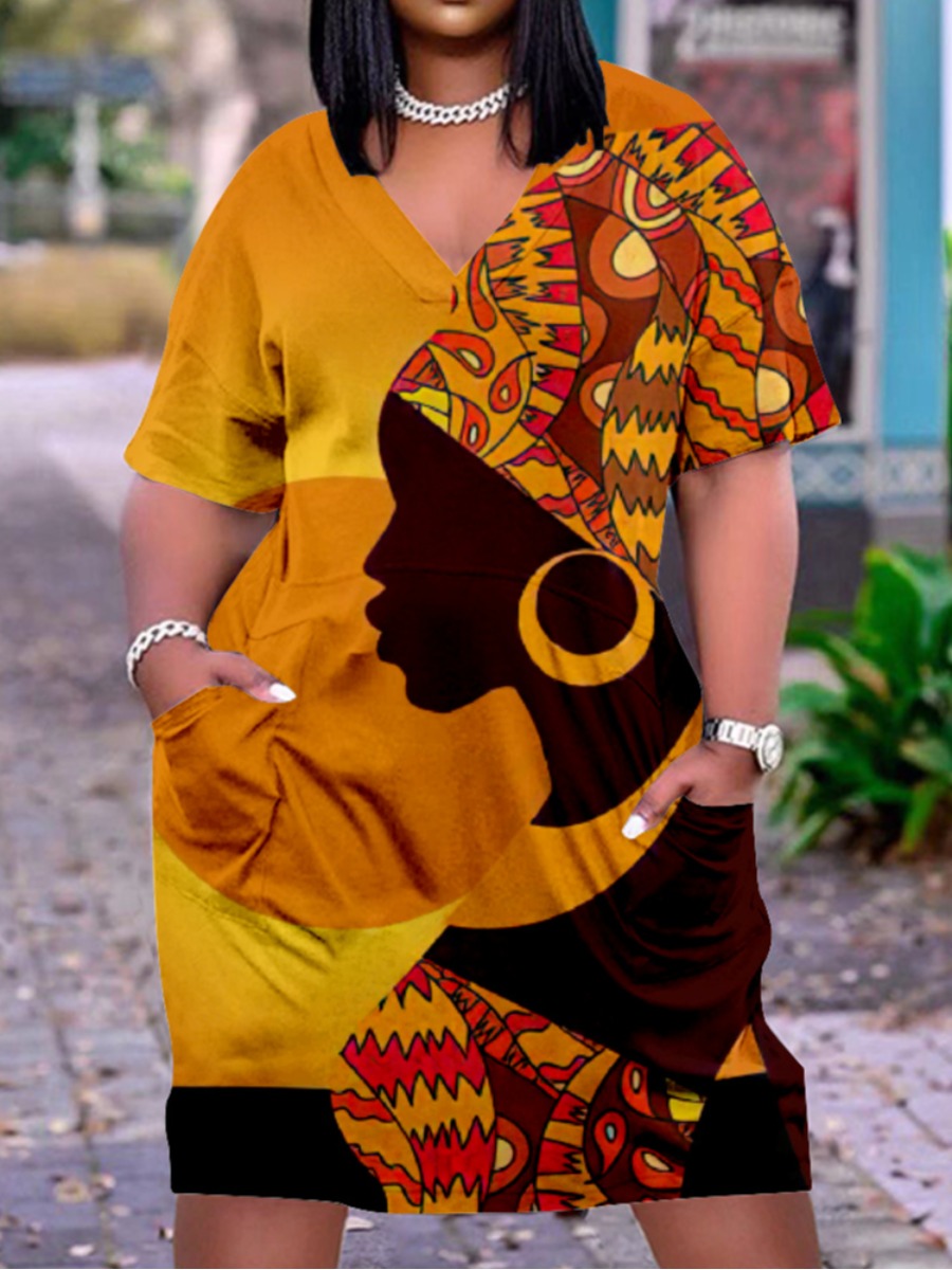 

LW Plus Size Figure Print Patchwork Dress, Deep yellow