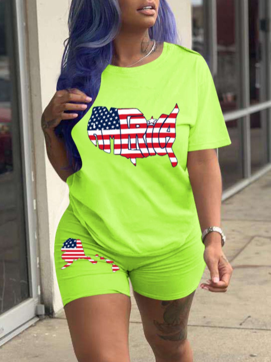 

LW COTTON American Flag Letter Print Shorts Set, Green