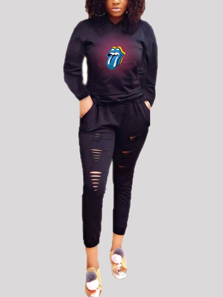 

LW Lip Print Ripped Tracksuit Set, Black