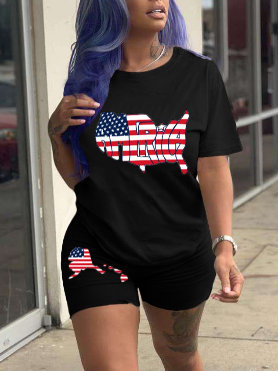 

LW COTTON American Flag Letter Print Shorts Set, Black