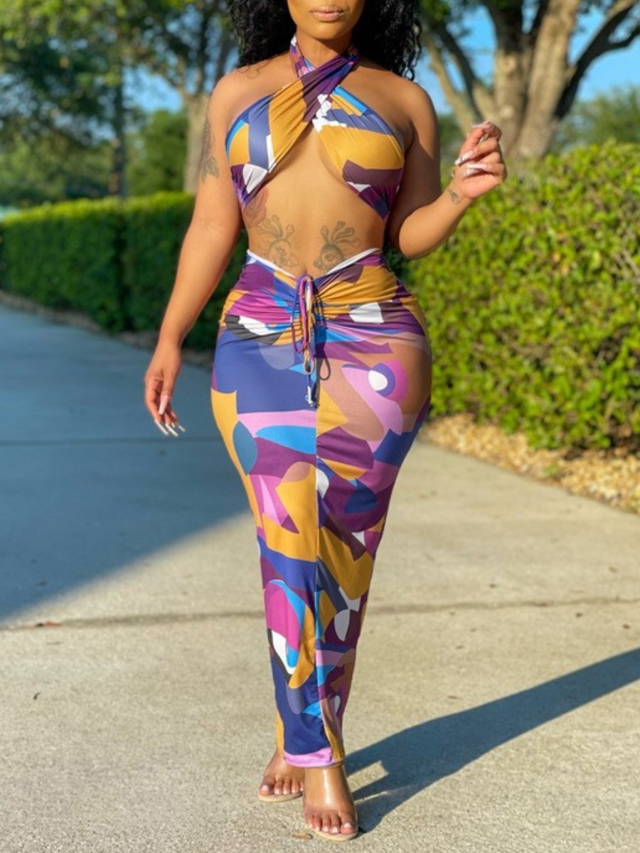 

LW SXY Camo Print Bandage Design Skirt Set, Purple
