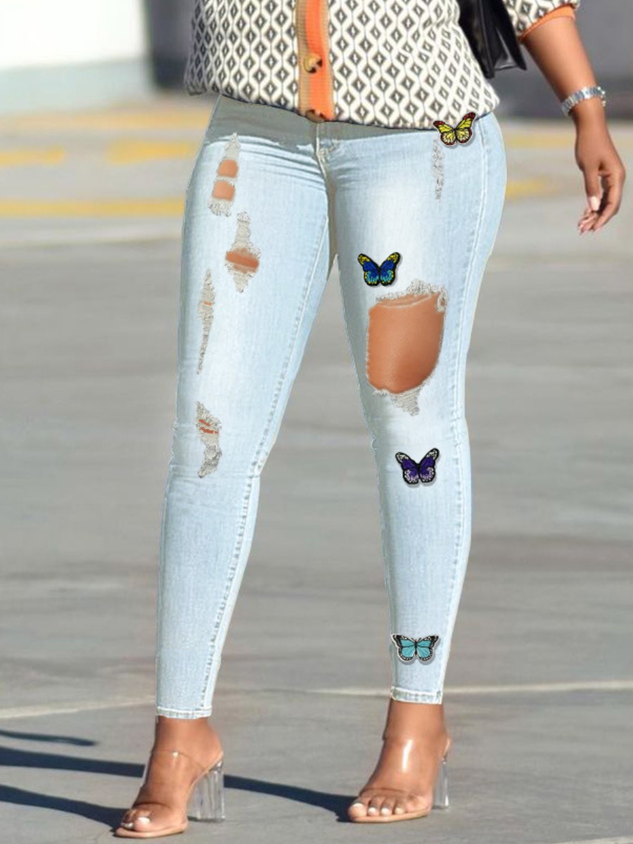 

LW Butterfly Print Ripped Jeans, Baby blue