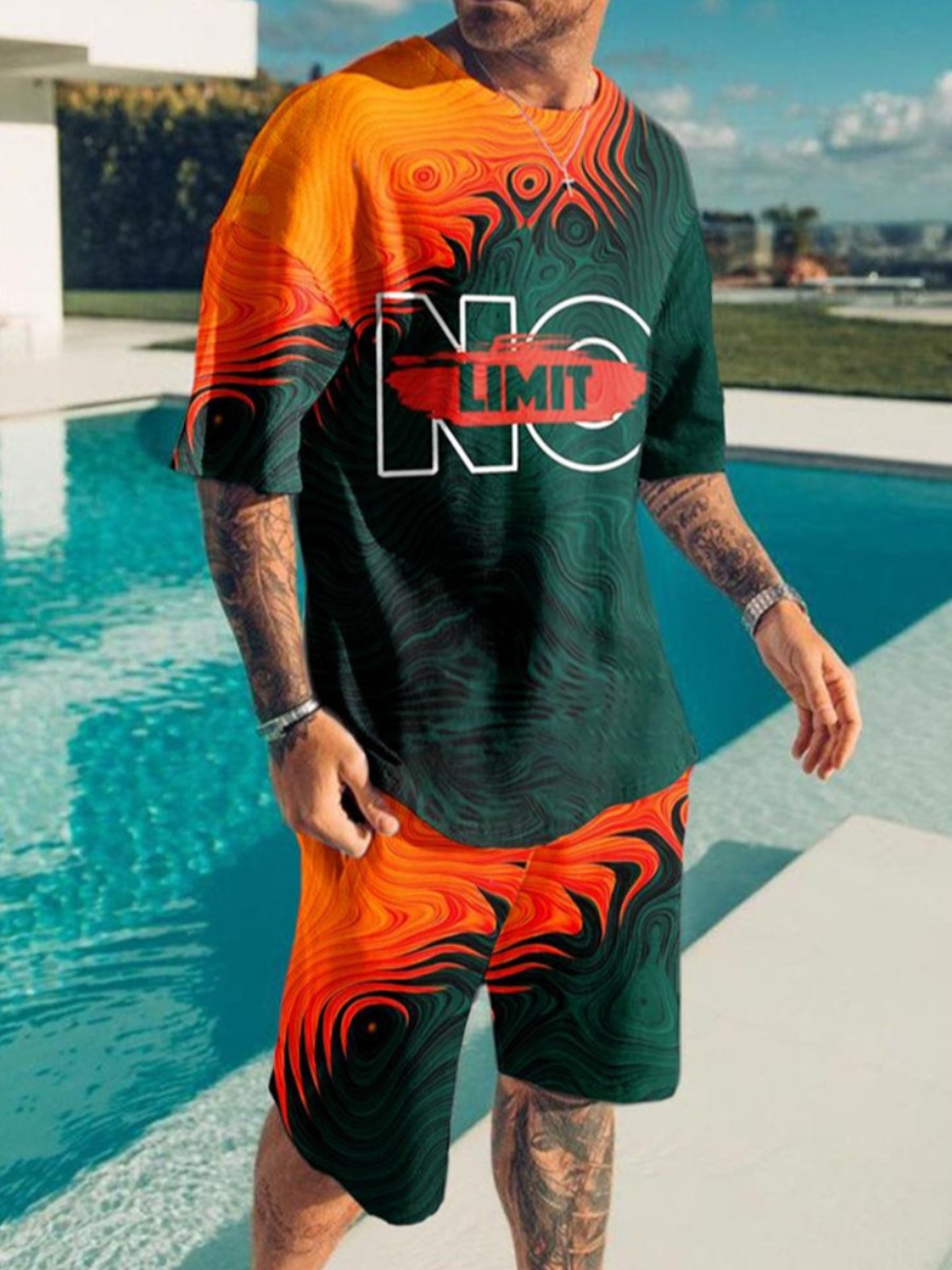 

LW Men Letter Print Patchwork Shorts Set, Orange