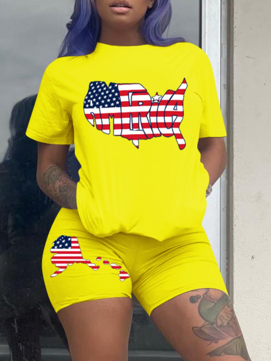 

LW COTTON American Flag Letter Print Shorts Set, Lemon yellow