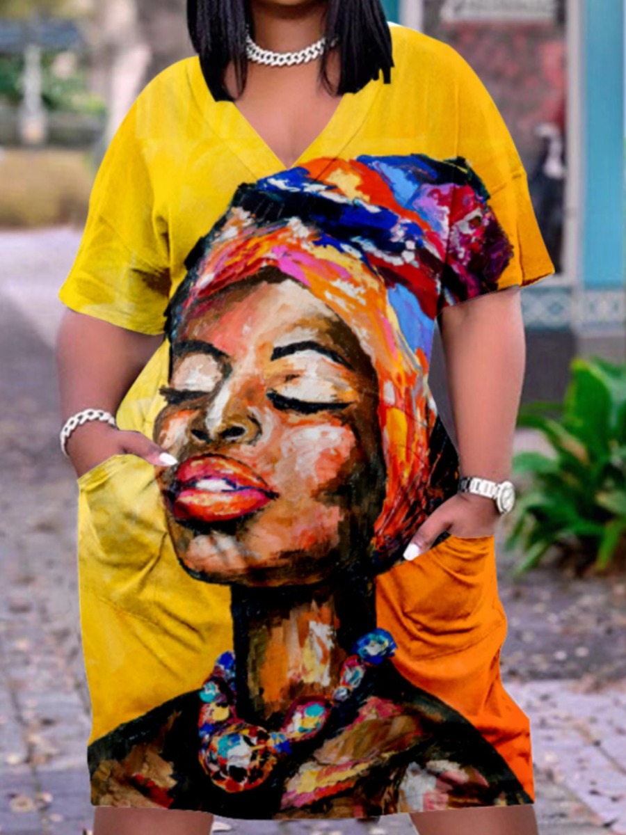 

LW Plus Size Figure Print Patchwork Dress, Lemon yellow
