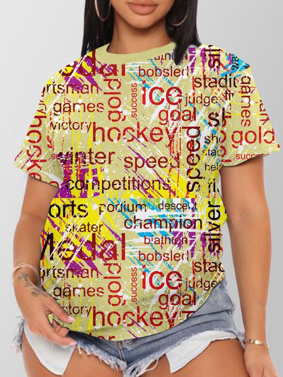 

LW Letter Print Patchwork T-shirt, Yellow