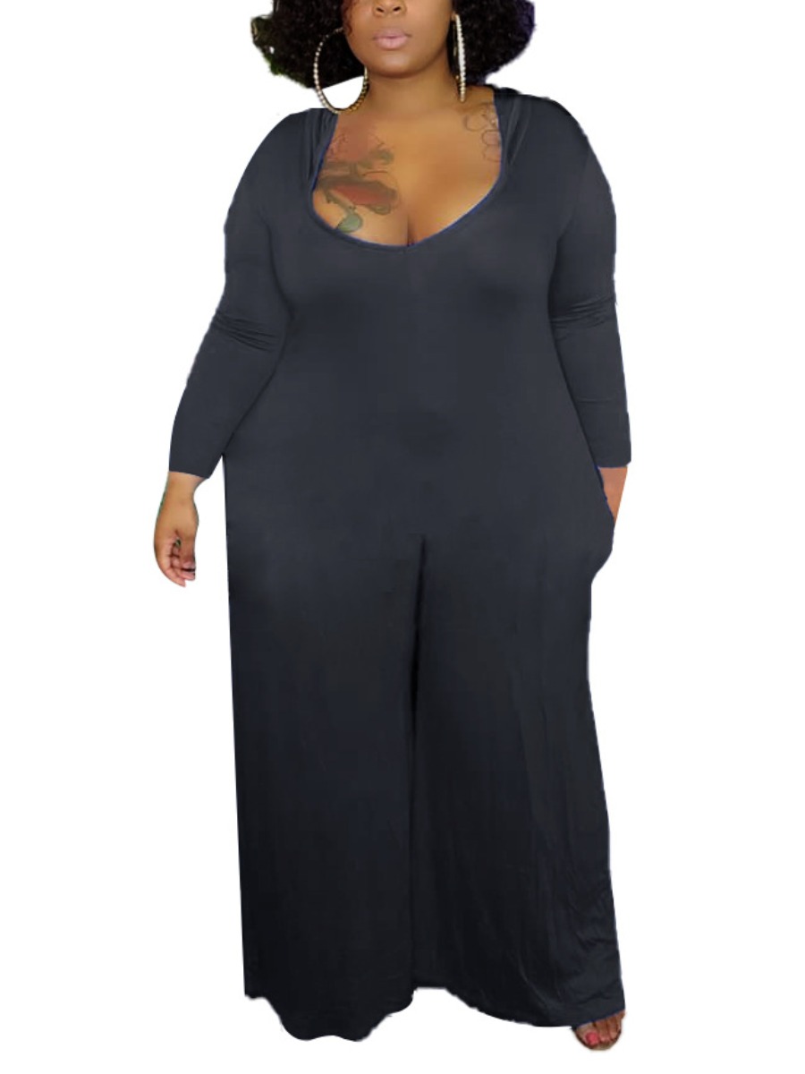 

LW Plus Size U Neck Wide Leg Jumpsuit, Black