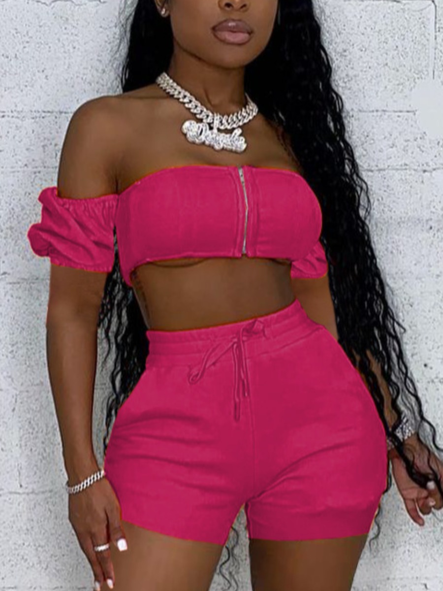 

LW Off The Shoulder Crop Top Shorts Set, Rose red