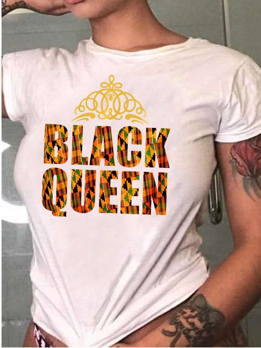 

LW BASICS Polyester Queen Print Letter Regular T-shirt, White