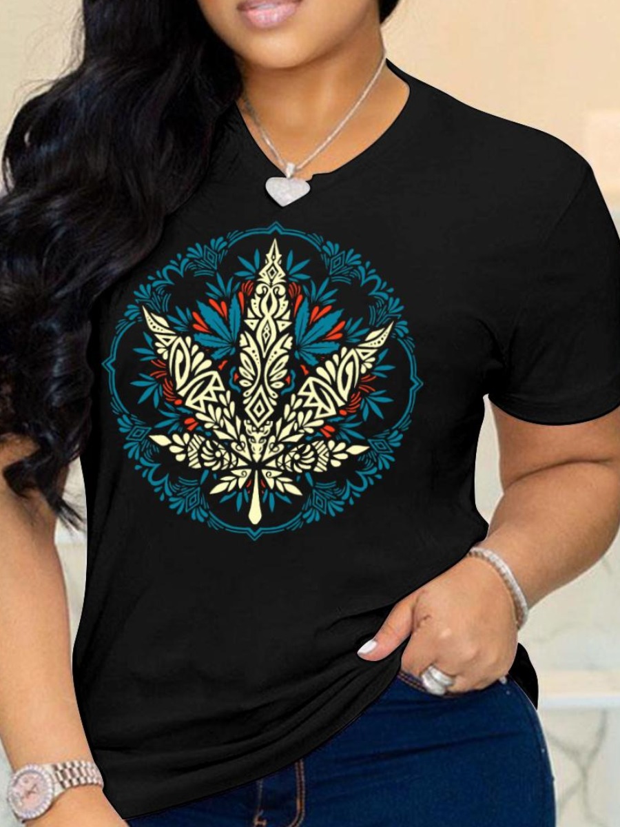 

LW Plus Size Round Neck Floral Print T-shirt, Black