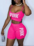 LW Pink Letter Print Crop Top Shorts Set