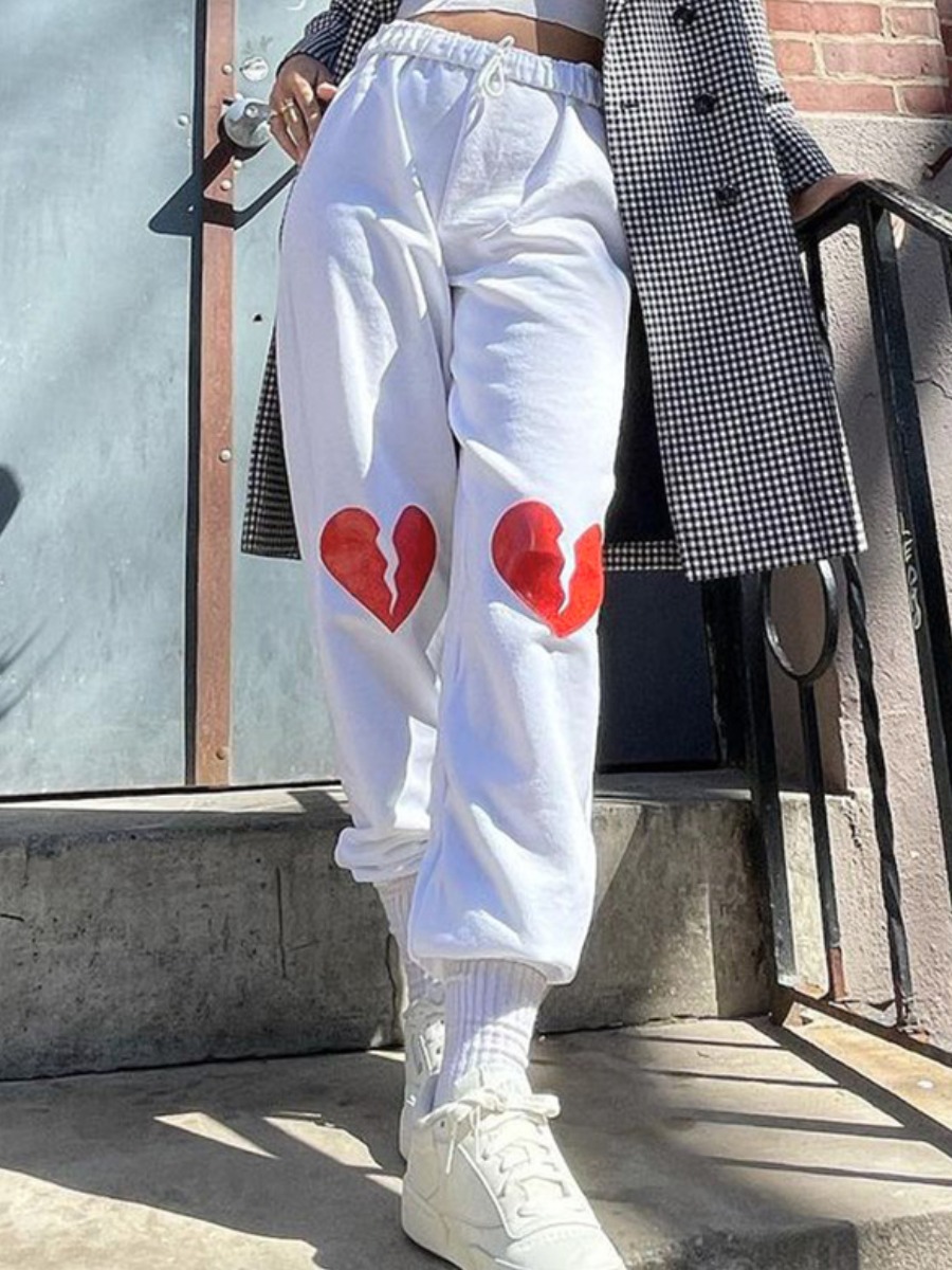 

LW Heart Print Drawstring Sweatpants, White