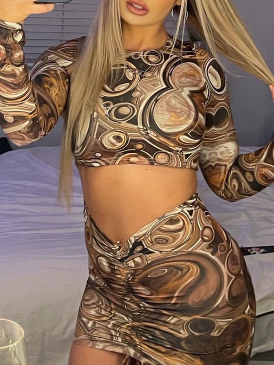

LW Print Crop Top Drawstring Skirt Set, Brown